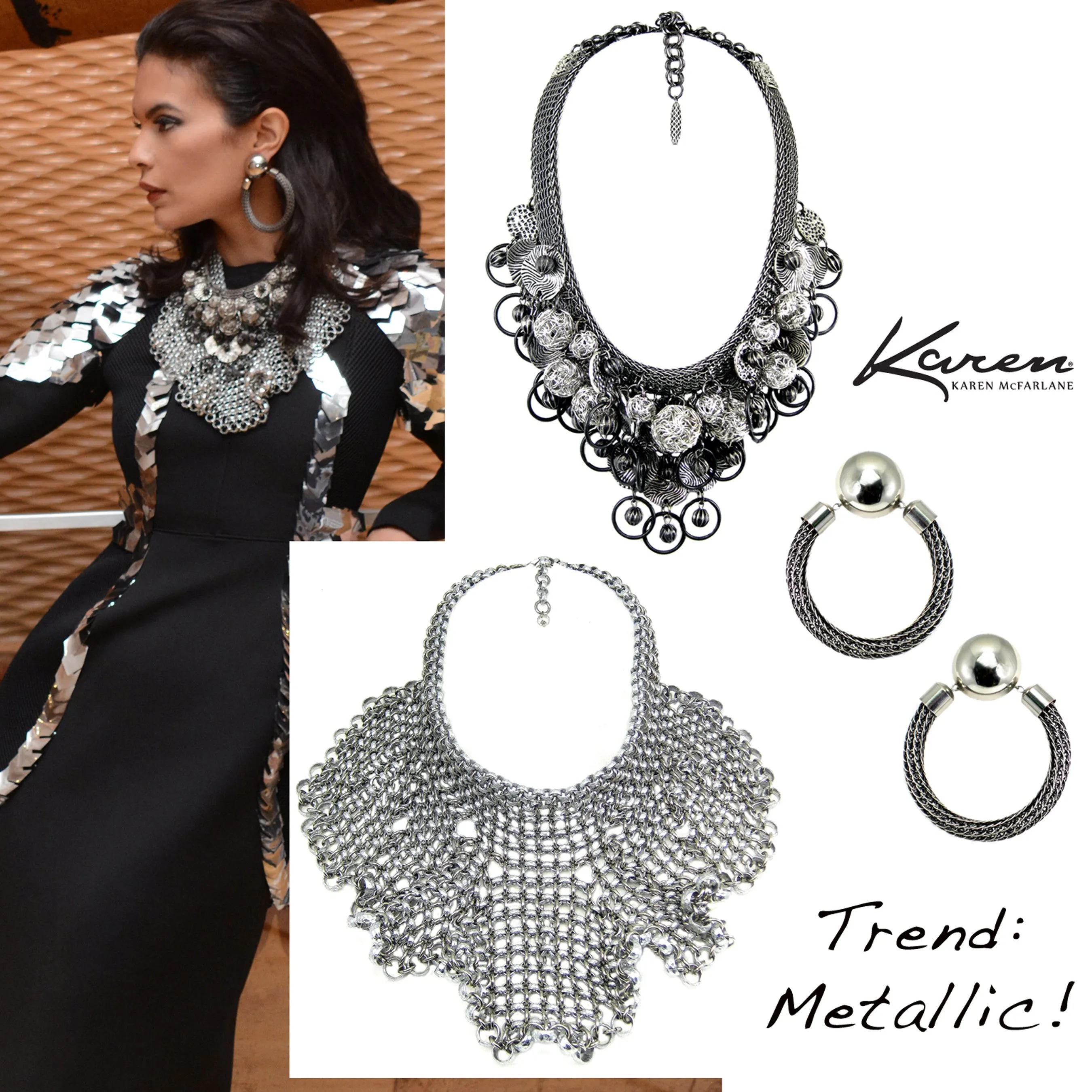 #845n Silver Tone Chain Mail Bib Necklace