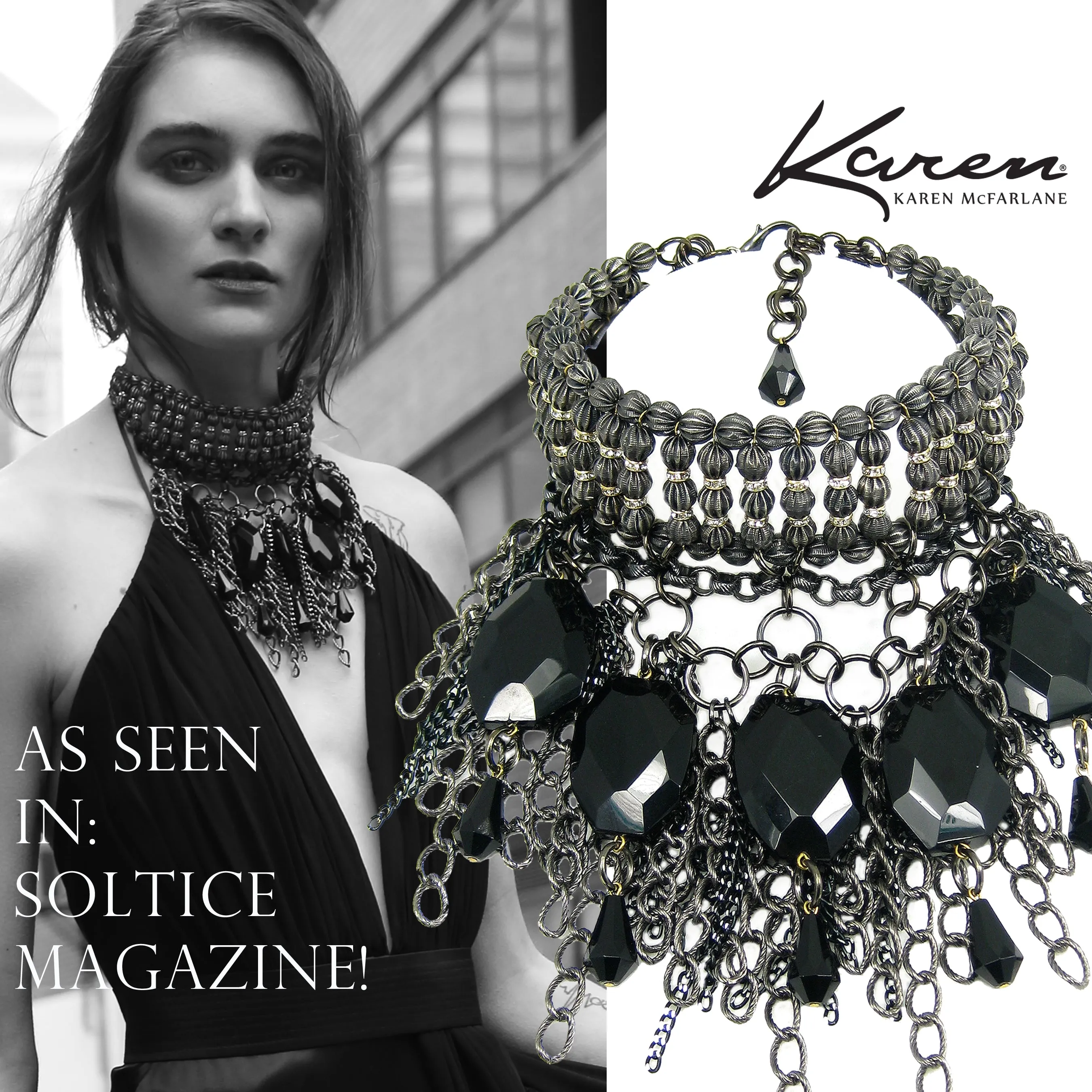 #870n Gunmetal, Jet & Rhinestone Choker/Bib Necklace With Chain Fringe