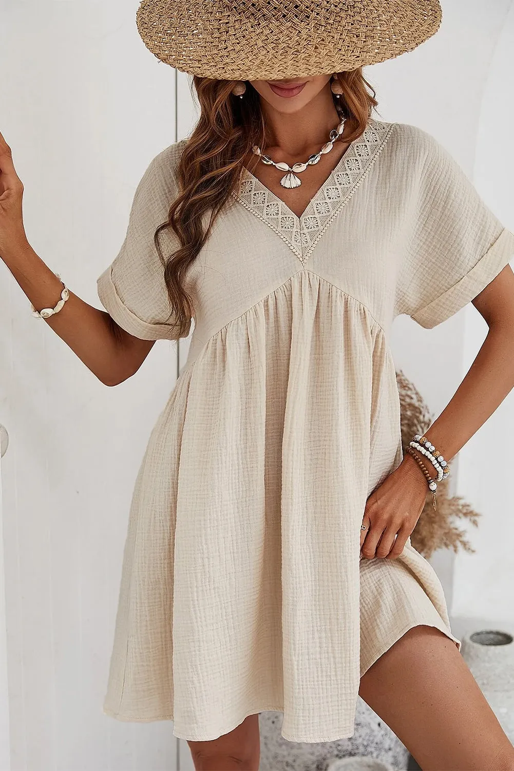 Beige Lace Splicing V Neck Rolled Up Sleeve Empire Waist Mini Dress