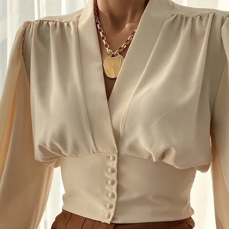 BerriesJam - Elegant Lantern Sleeve V-neck Solid Color Blouse