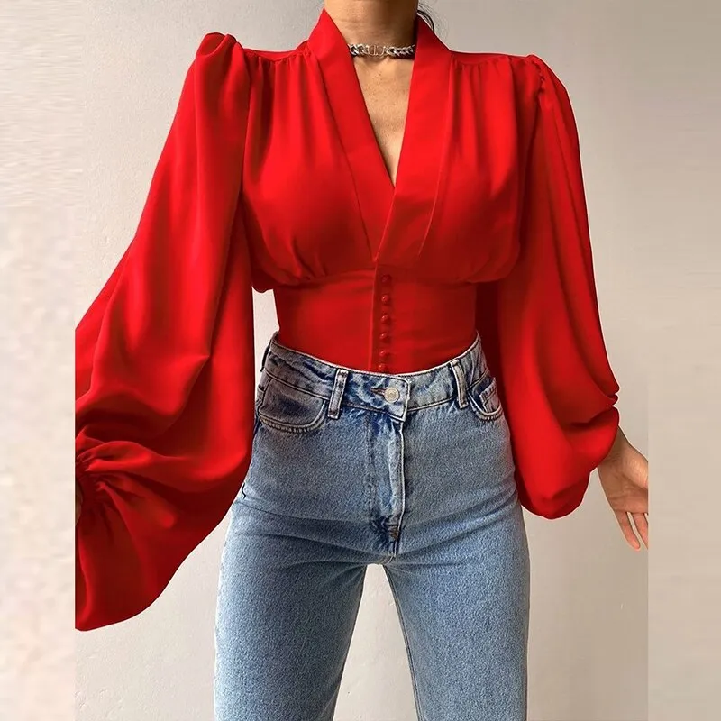 BerriesJam - Elegant Lantern Sleeve V-neck Solid Color Blouse
