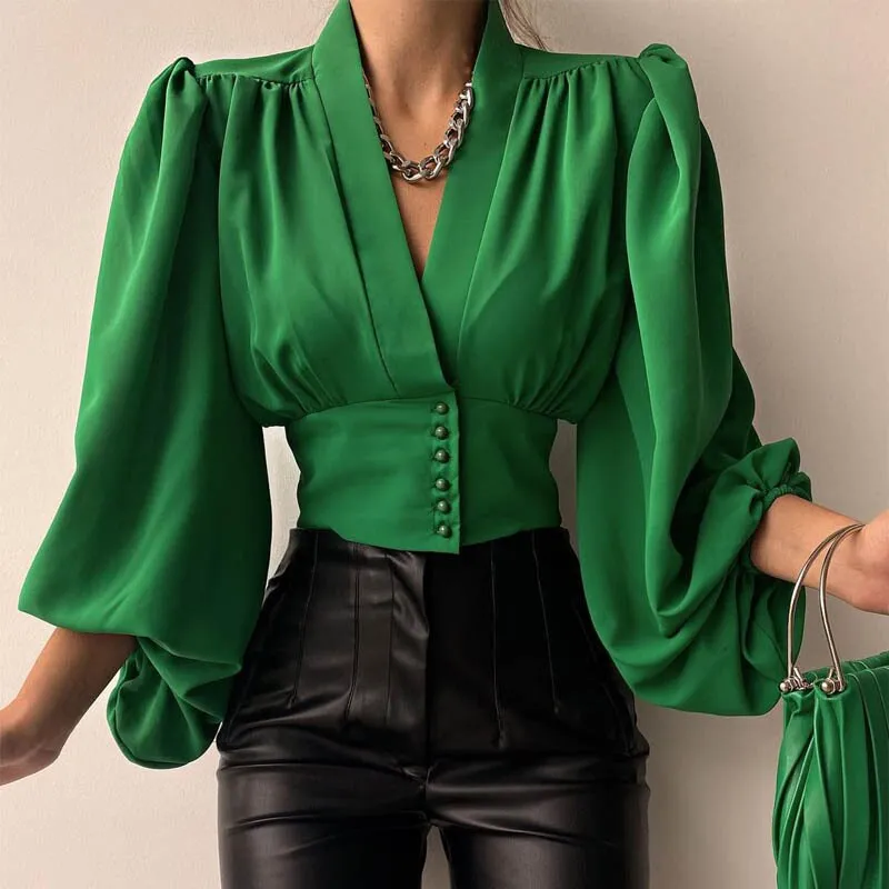 BerriesJam - Elegant Lantern Sleeve V-neck Solid Color Blouse