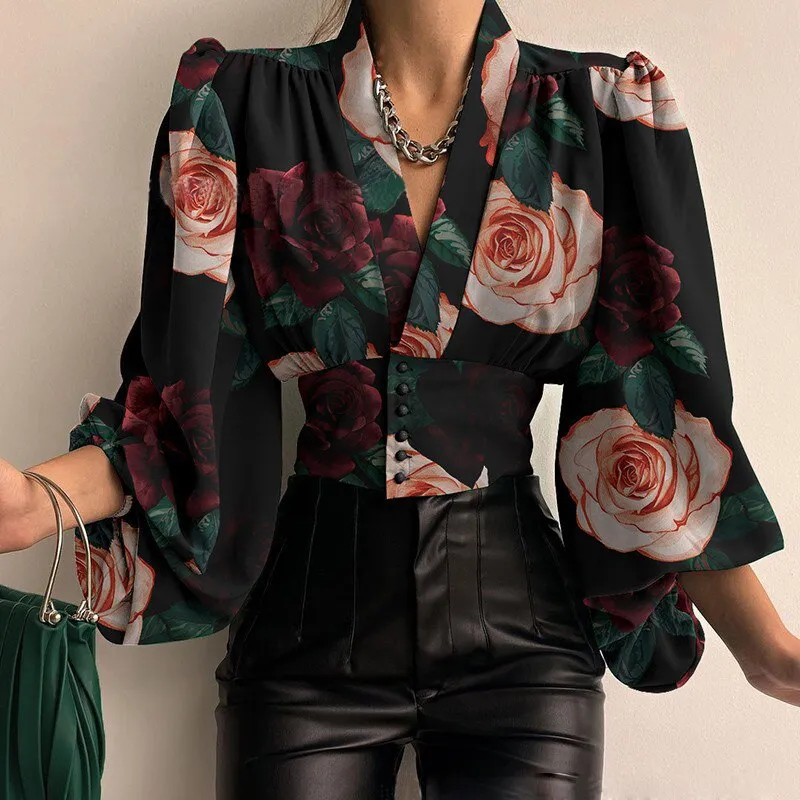 BerriesJam - Elegant Lantern Sleeve V-neck Solid Color Blouse
