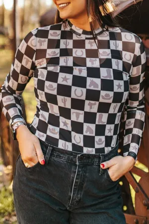 Black Checkerboard Mesh Slim Fit Long Sleeve Top