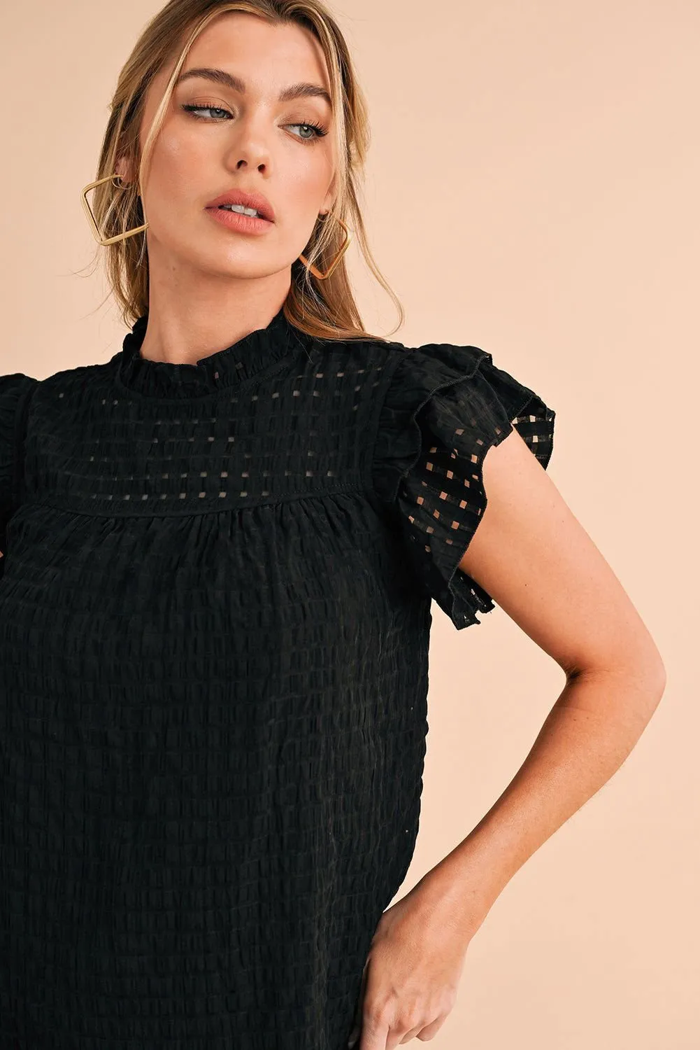 Black Frilled Neck Ruffle Textured Blouse
