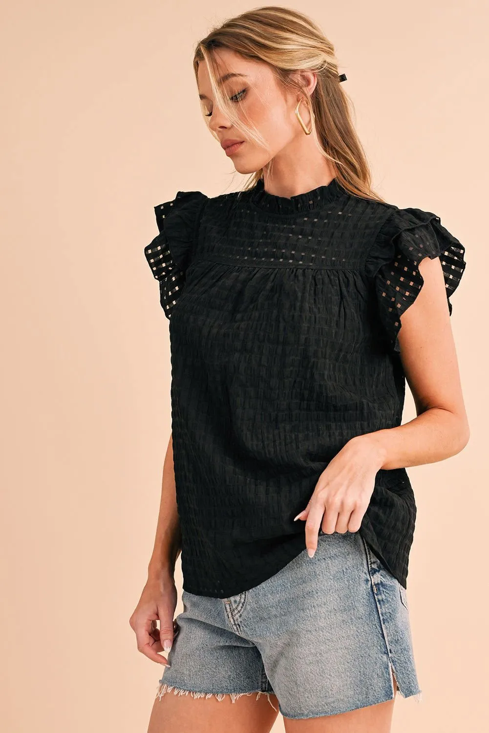 Black Frilled Neck Ruffle Textured Blouse
