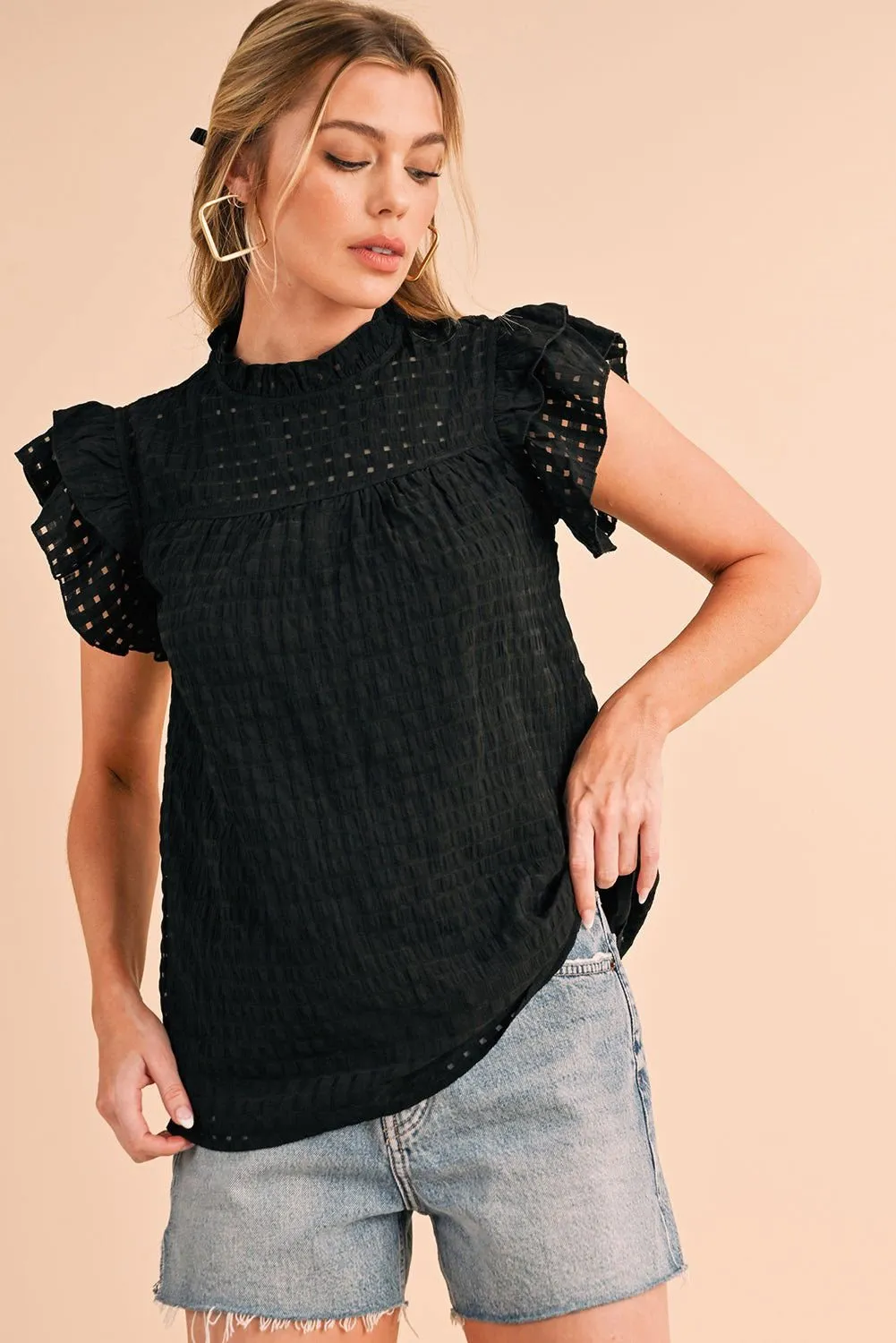Black Frilled Neck Ruffle Textured Blouse