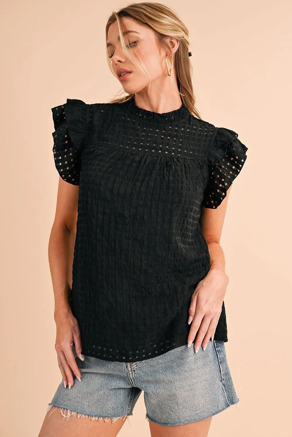 Black Frilled Neck Ruffle Textured Blouse