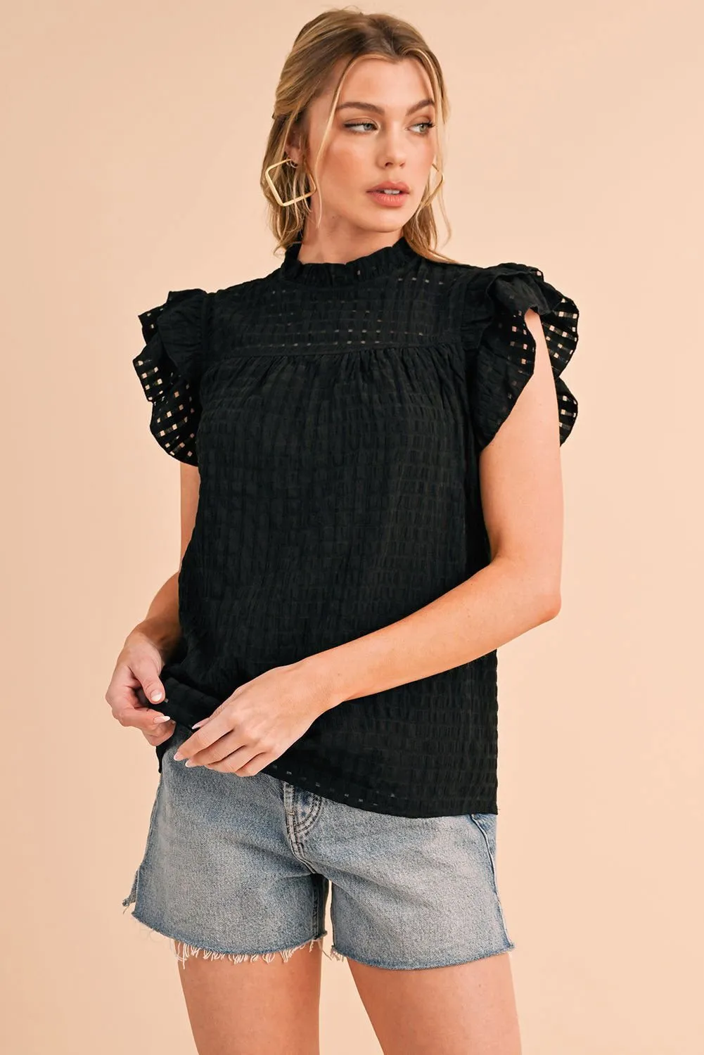 Black Frilled Neck Ruffle Textured Blouse