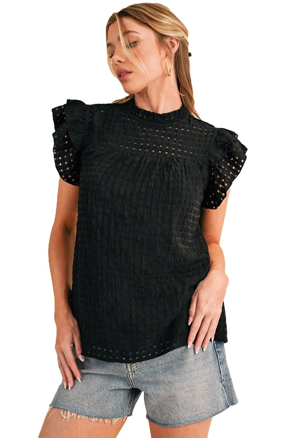 Black Frilled Neck Ruffle Textured Blouse
