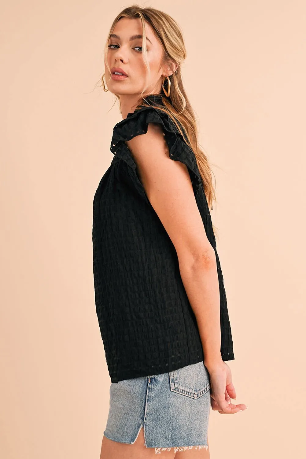 Black Frilled Neck Ruffle Textured Blouse