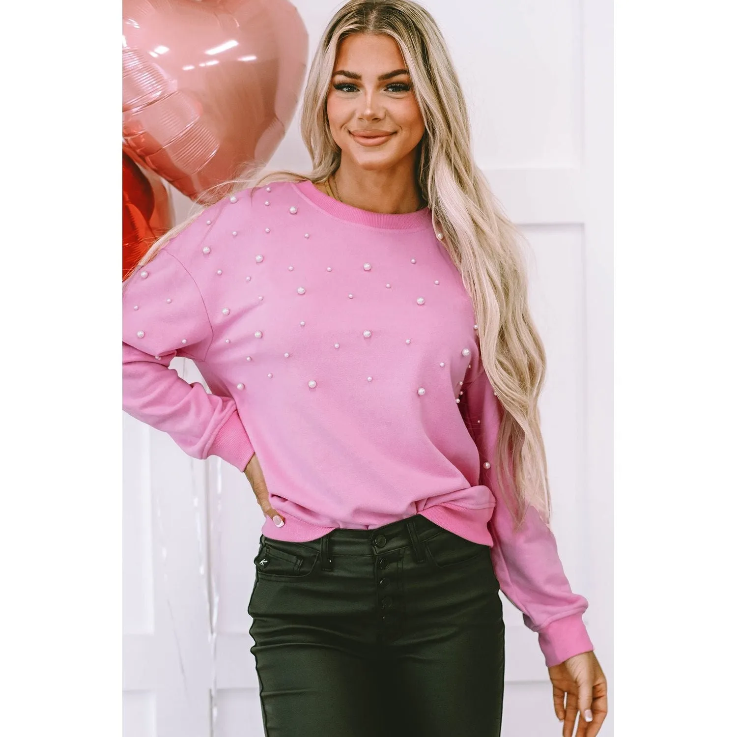 Bonbon Pearl Detail Ribbed Crew Neck Sweatshirt