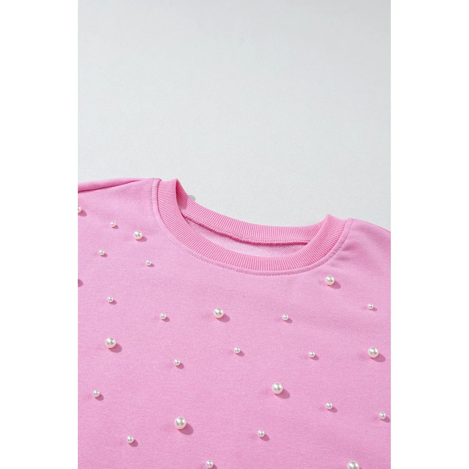 Bonbon Pearl Detail Ribbed Crew Neck Sweatshirt