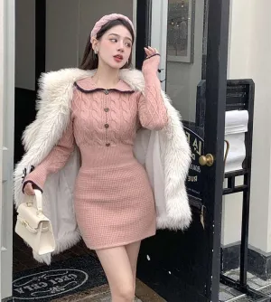 Bow Ribbon Classy Fit Autumn Winter Pink Black Knit Dress
