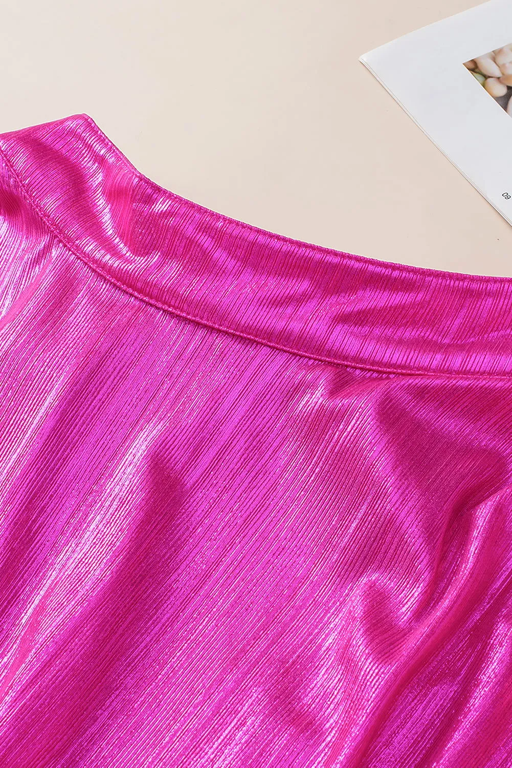 Bright Pink Ruched Sleeves Knotted Backless Blouse