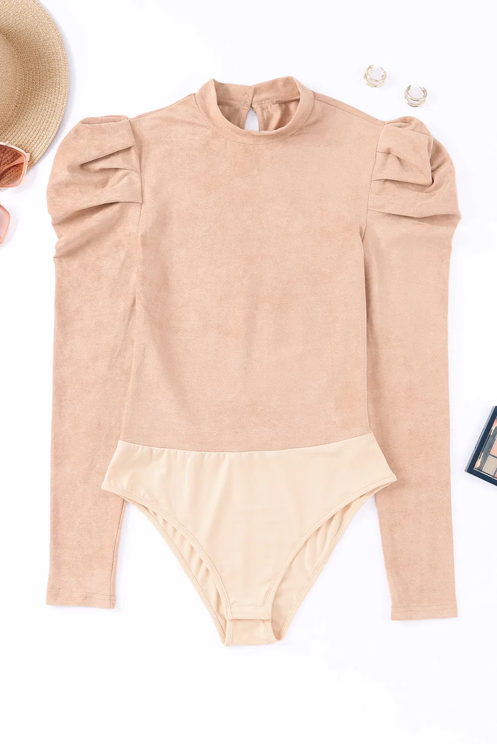 Brown Puff Sleeve Suede Bodysuit
