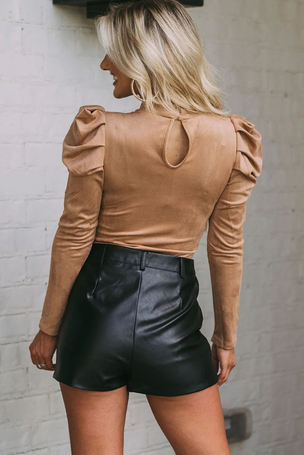 Brown Puff Sleeve Suede Bodysuit