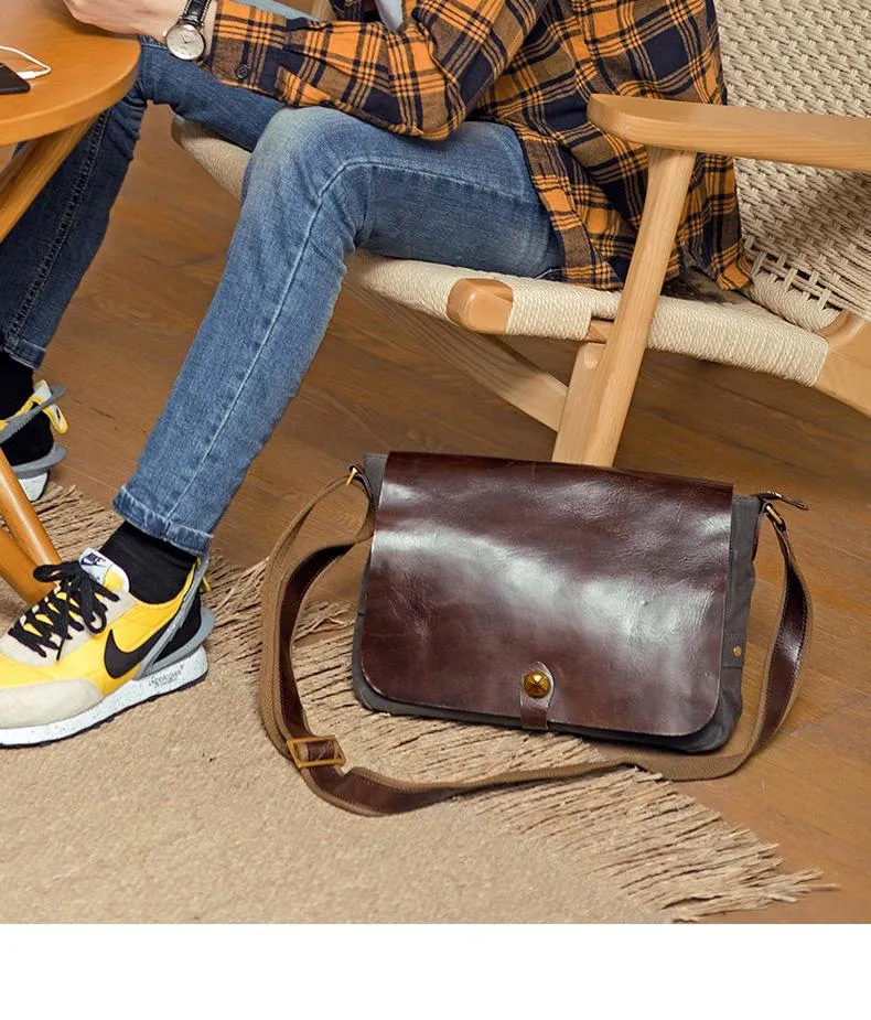 Cool Black Canvas Leather Mens Brown Courier Bag Messenger Bags Casual Postman Bags for Men