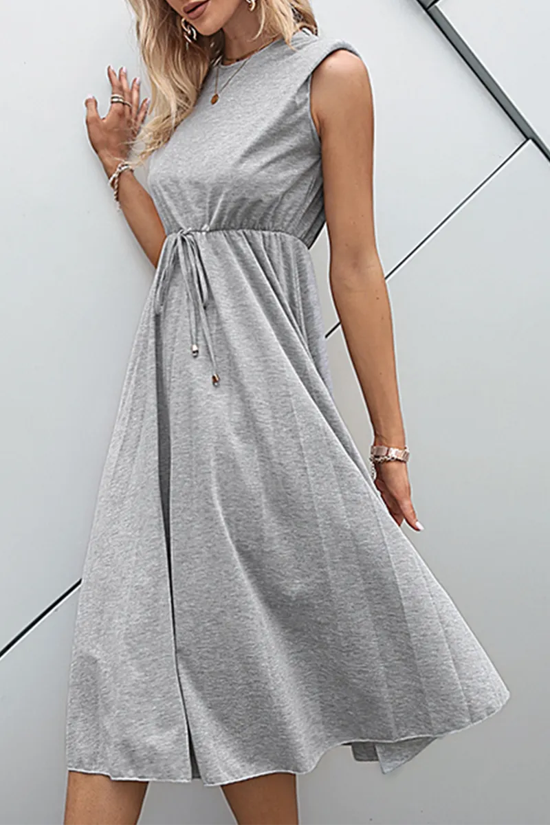 Dunnmall Casual Elegant Solid Frenulum Fold O Neck A Line Dresses