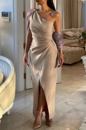 Elegant Formal Solid Backless Slit Fold Oblique Collar Evening Dress Dresses
