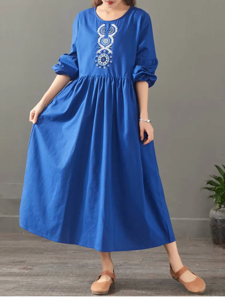 Elegant Pure Color Embroidery Cotton Maxi Dresses For Women 1523