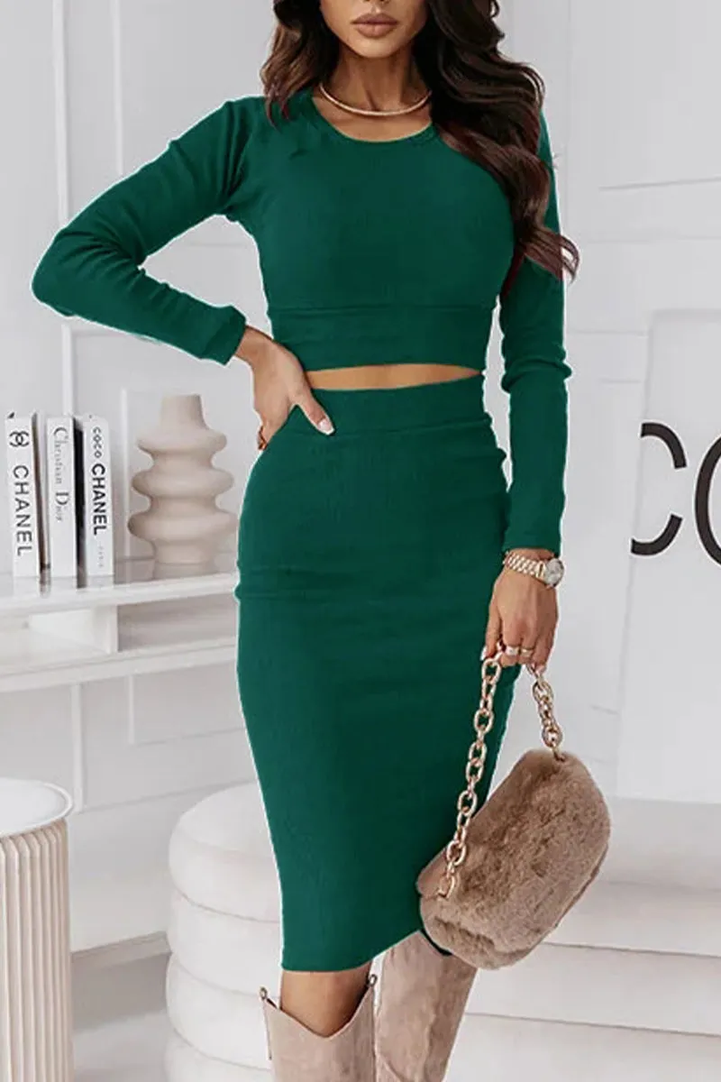 Elegant Solid O Neck Long Sleeve Two Pieces