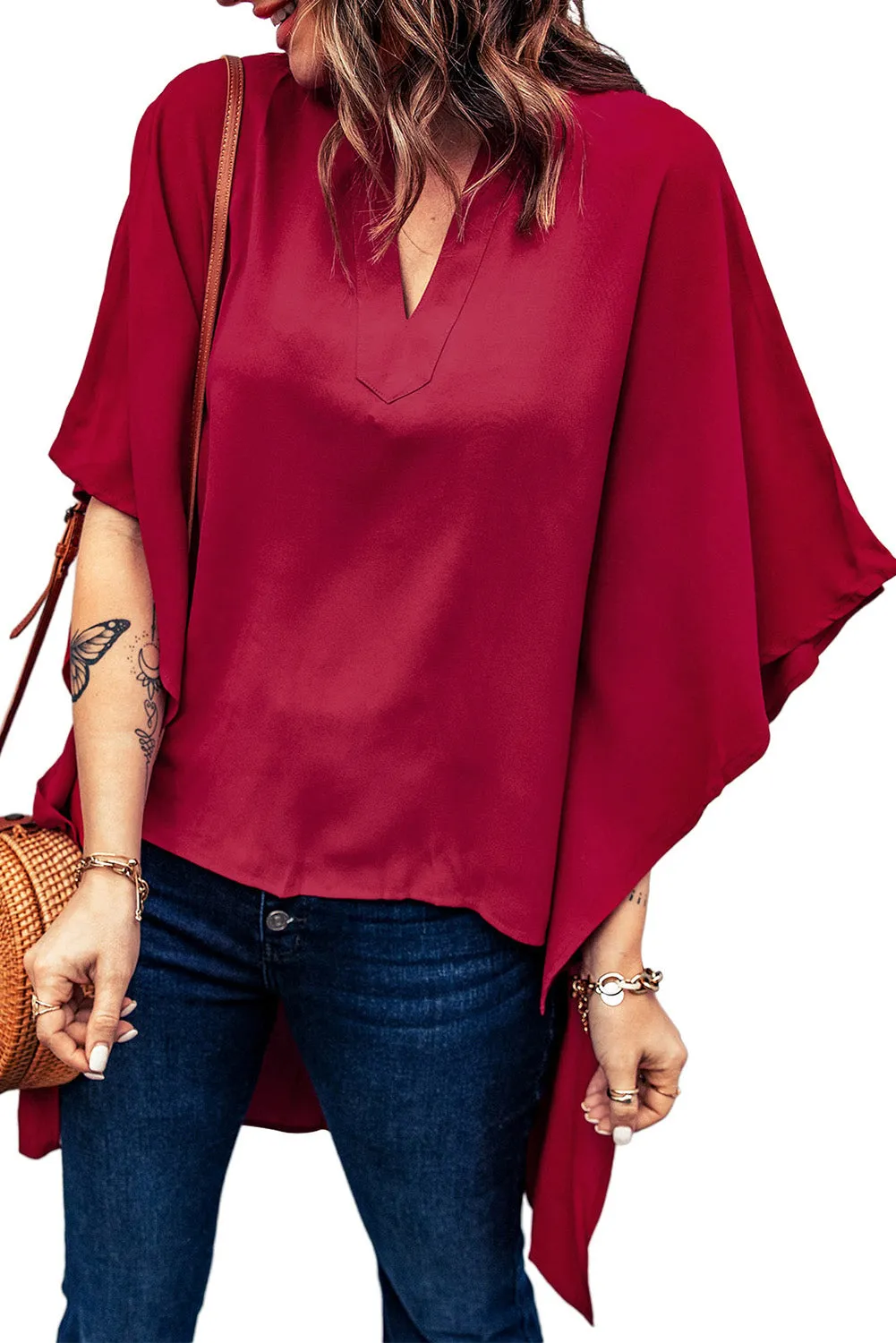 Fiery Red Chic High Low Kimono Top