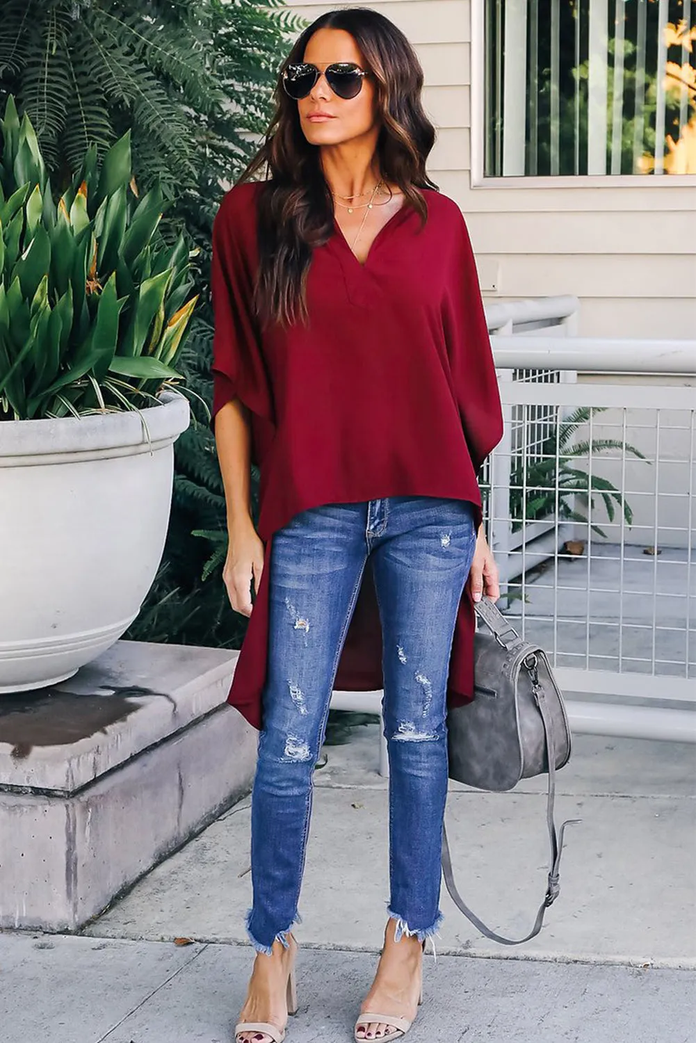 Fiery Red Chic High Low Kimono Top
