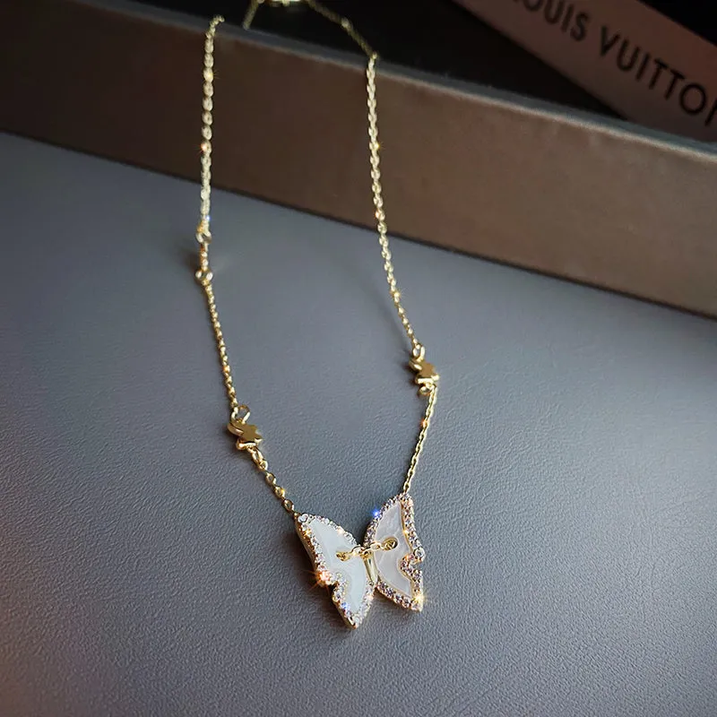 Gold Pure White Butterfly Pendant Necklace