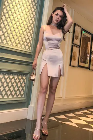 Le palais vintage elegant nude color satin slit mini elegant dress - Tuiea