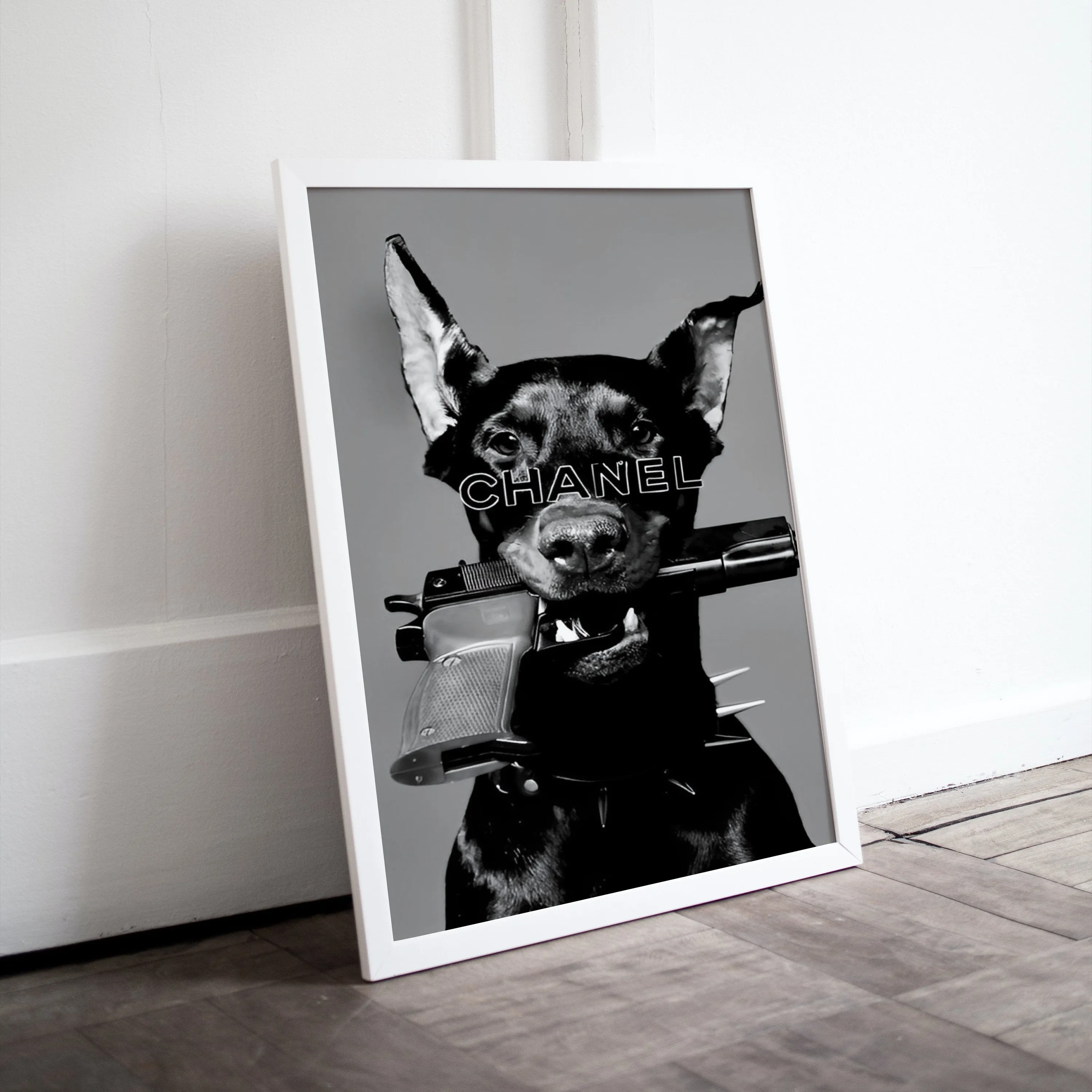 Luxury Fashion Doberman Poster PRINTABLE ART, Designer Wall Art, Luxury Fashion Poster, Designer Dog Print, Doberman Gun Poster