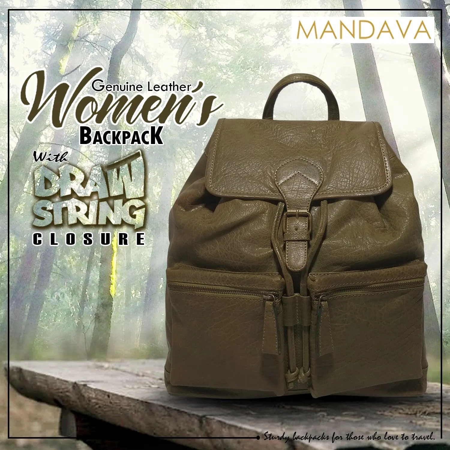 MANDAVA Genuine Leather Women's Premium Backpack Travel Bag for Ladies with Drawstring Closure (Green)