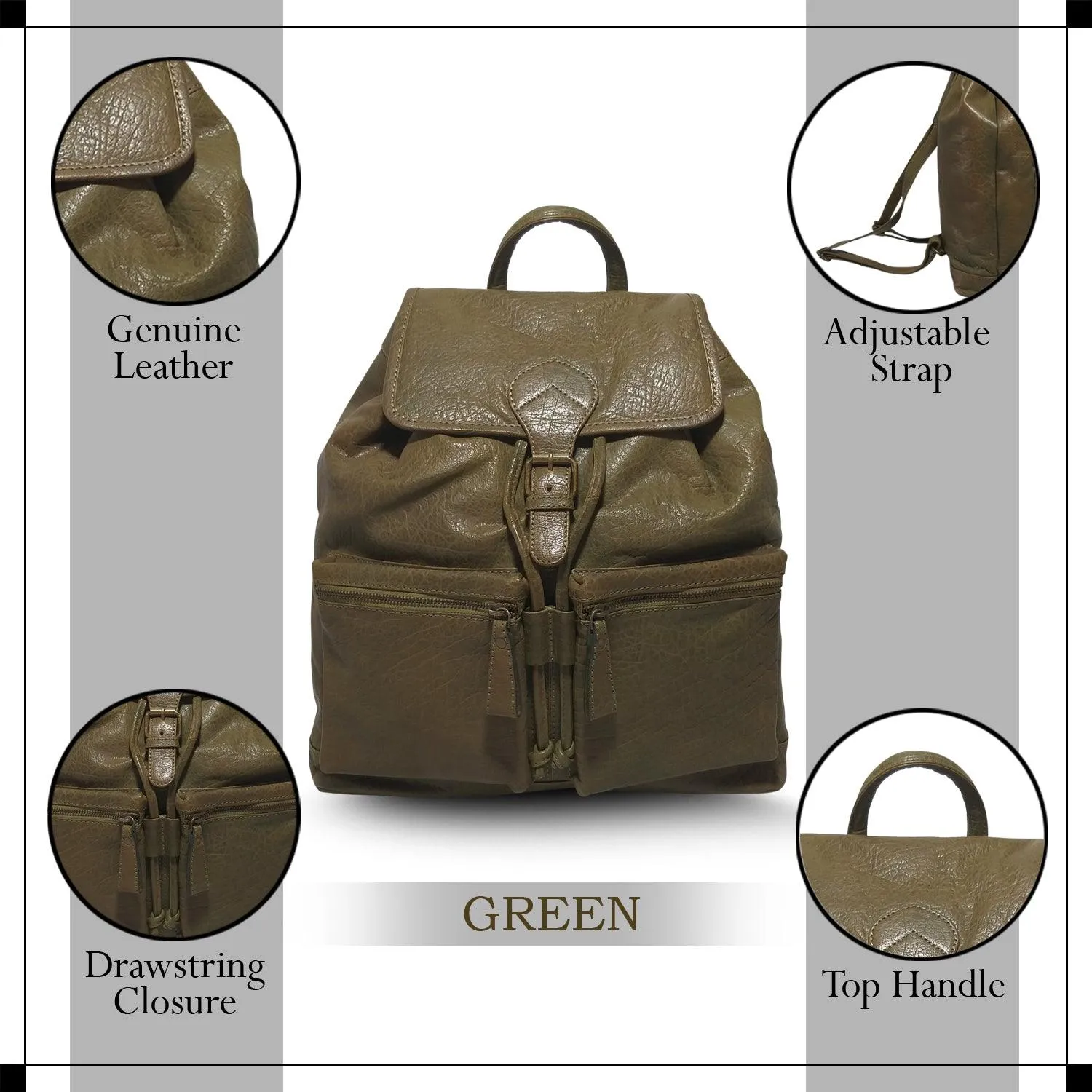 MANDAVA Genuine Leather Women's Premium Backpack Travel Bag for Ladies with Drawstring Closure (Green)