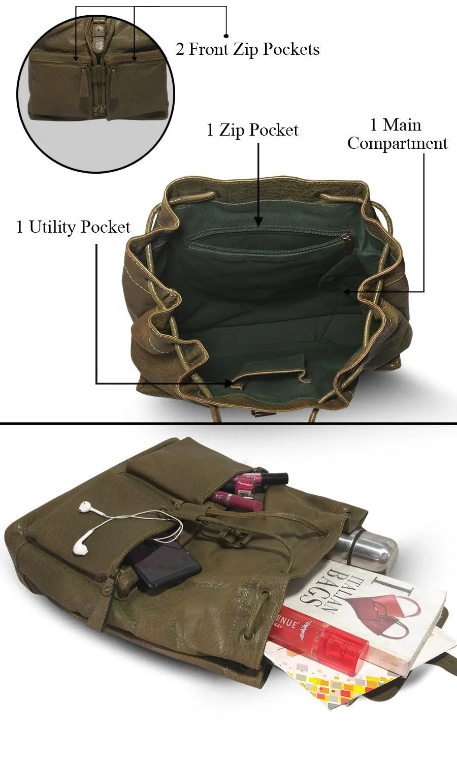 MANDAVA Genuine Leather Women's Premium Backpack Travel Bag for Ladies with Drawstring Closure (Green)