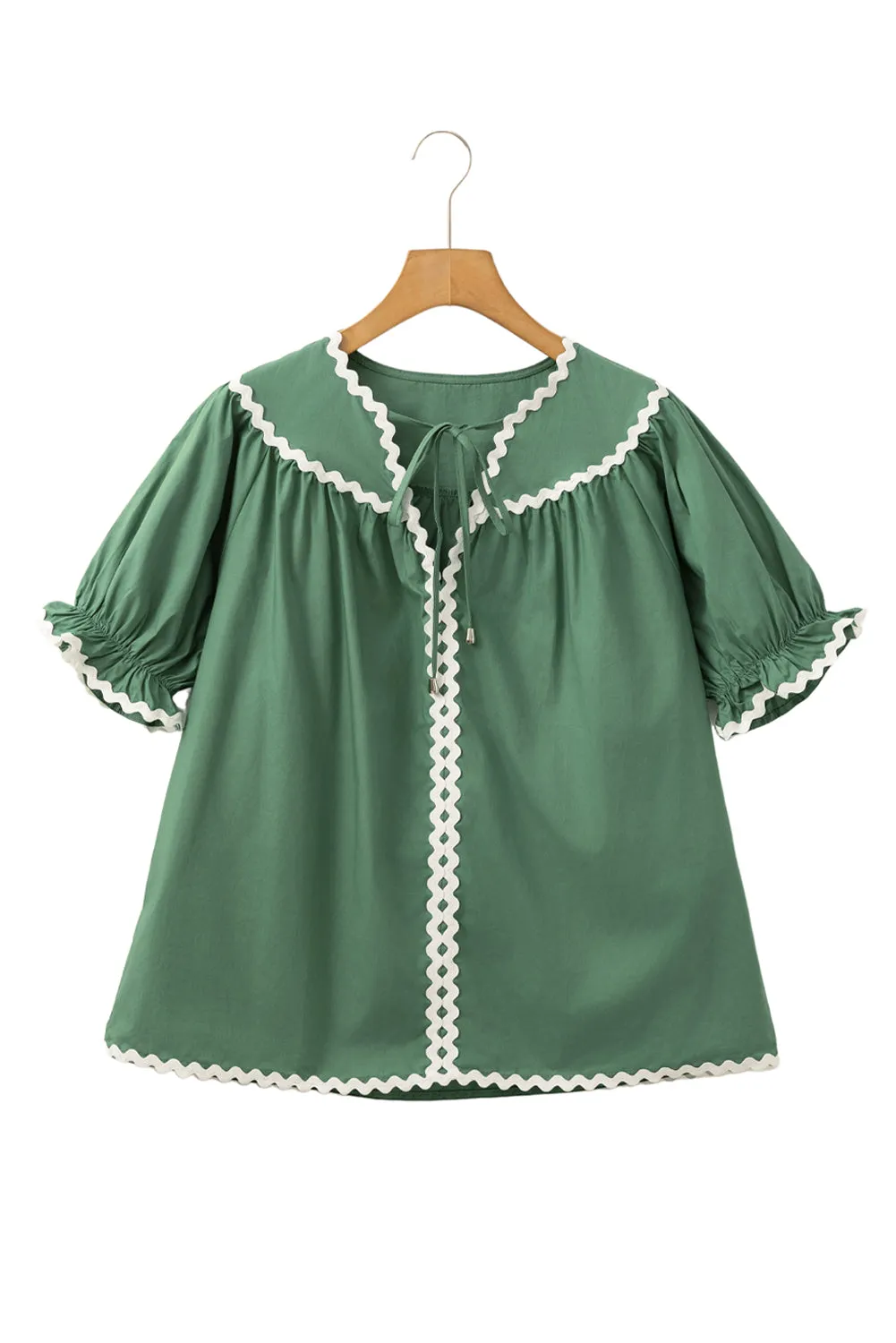 Mist Green V Neck Tie Detail Ricrac Blouse