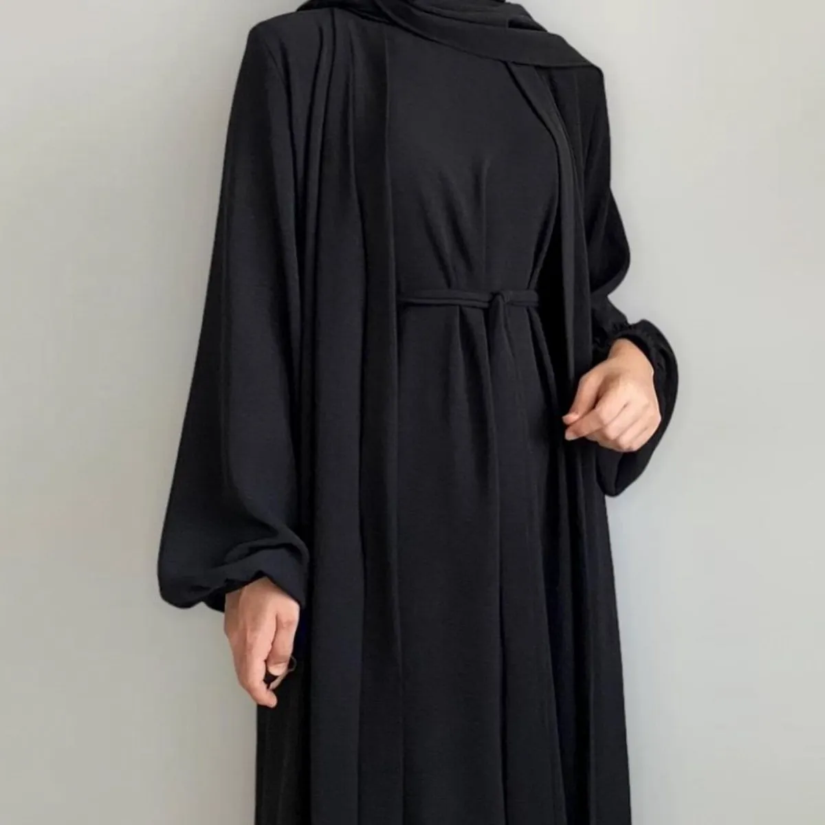 MOA092 Solid Color Elegant Open Abaya with Pockets 3-Piece Set