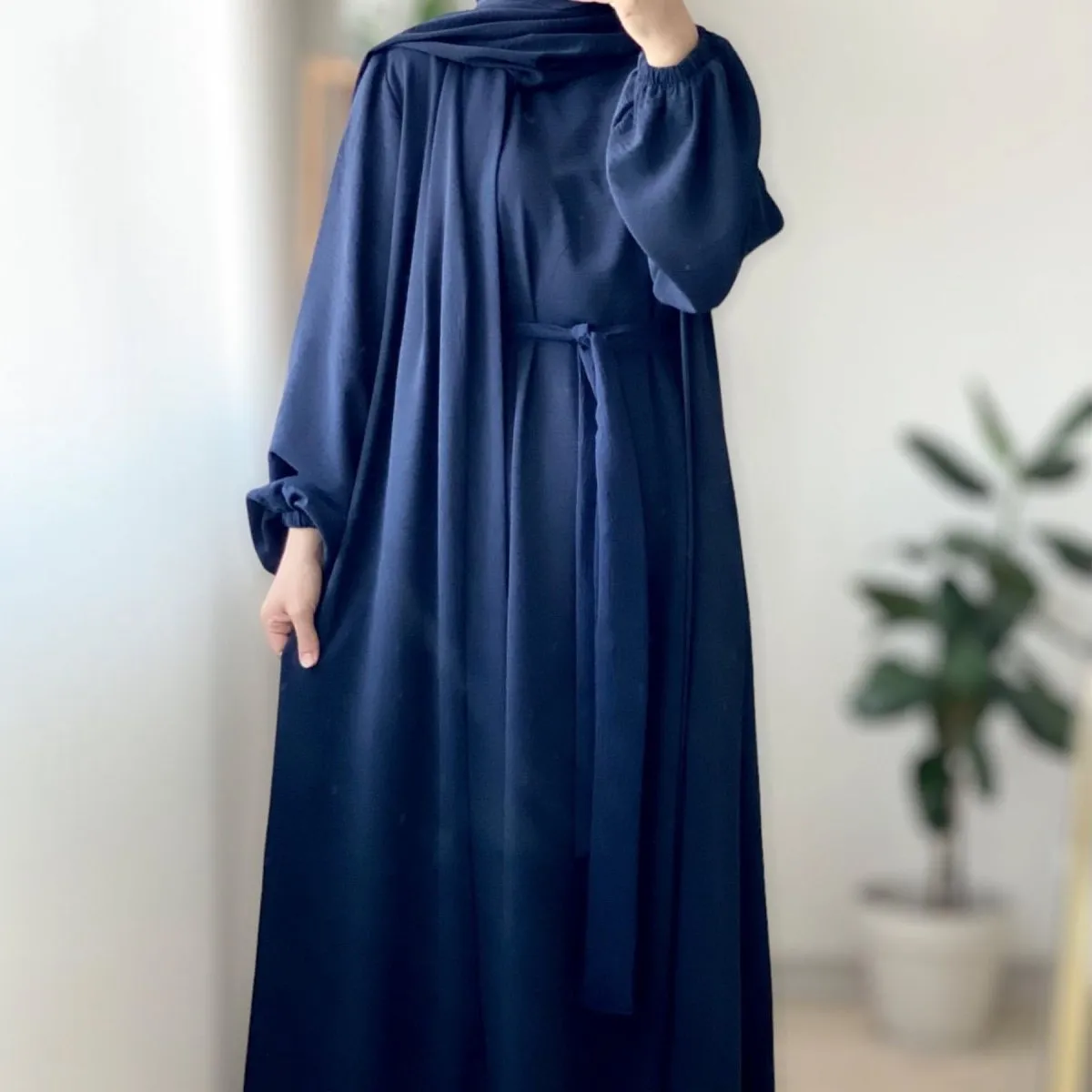 MOA092 Solid Color Elegant Open Abaya with Pockets 3-Piece Set