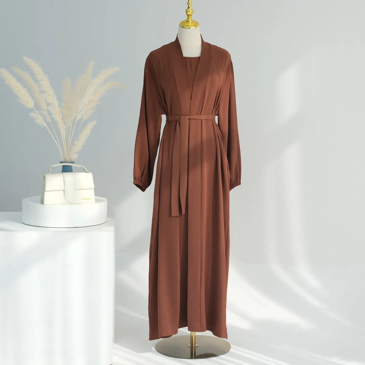 MOA092 Solid Color Elegant Open Abaya with Pockets 3-Piece Set