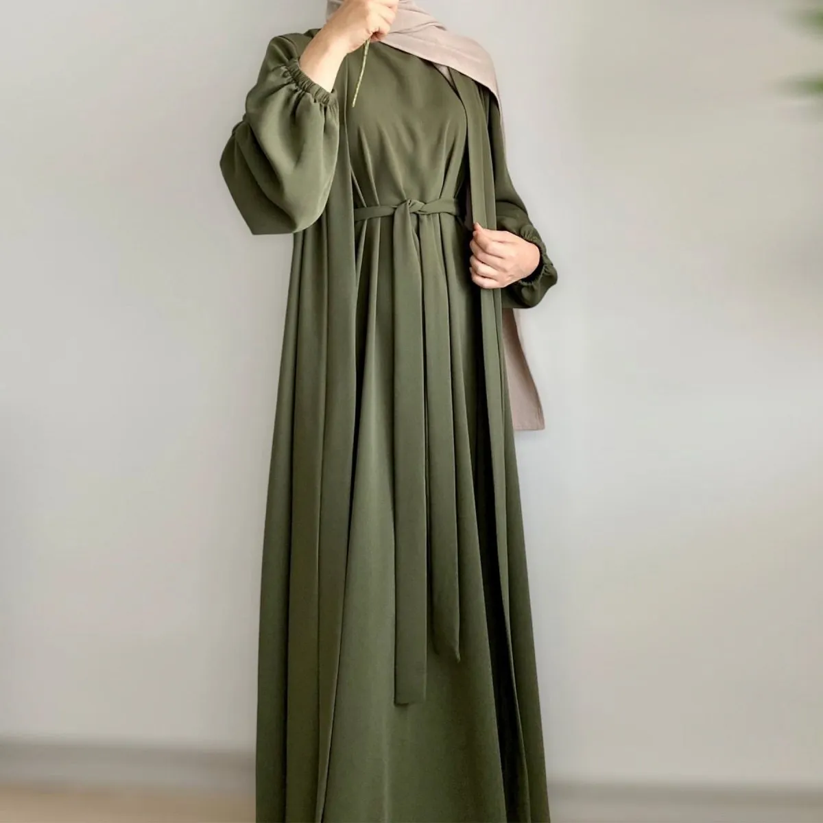 MOA092 Solid Color Elegant Open Abaya with Pockets 3-Piece Set