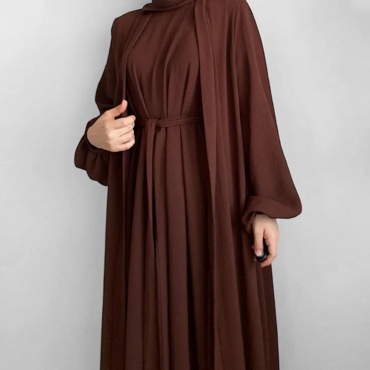MOA092 Solid Color Elegant Open Abaya with Pockets 3-Piece Set