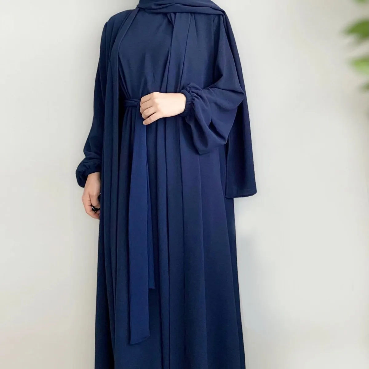 MOA092 Solid Color Elegant Open Abaya with Pockets 3-Piece Set
