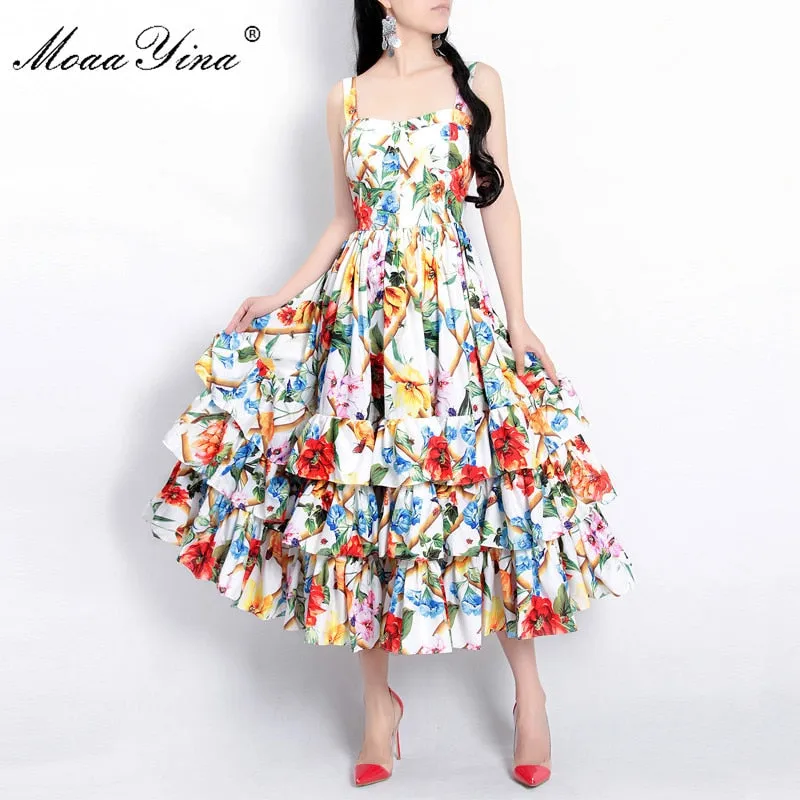 MoaaYina Runway Fashion Designer Spring Spaghetti Strap Backless Floral Print Beach Dress