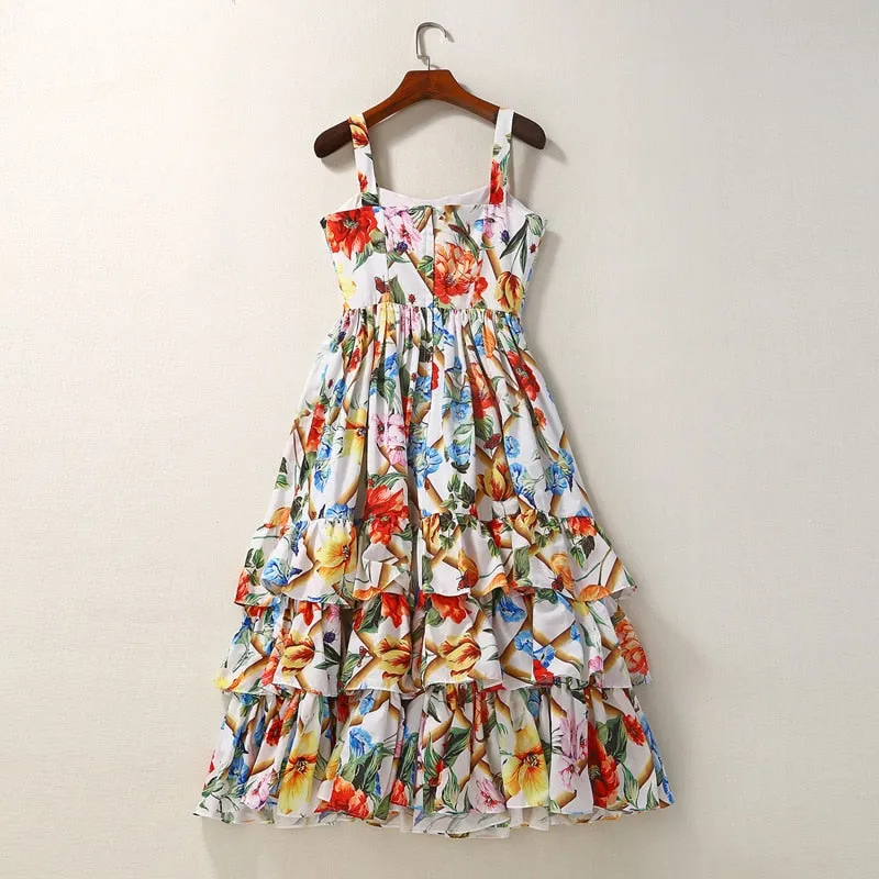 MoaaYina Runway Fashion Designer Spring Spaghetti Strap Backless Floral Print Beach Dress
