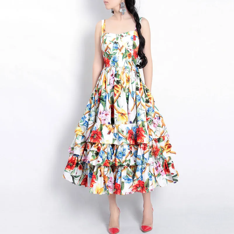 MoaaYina Runway Fashion Designer Spring Spaghetti Strap Backless Floral Print Beach Dress