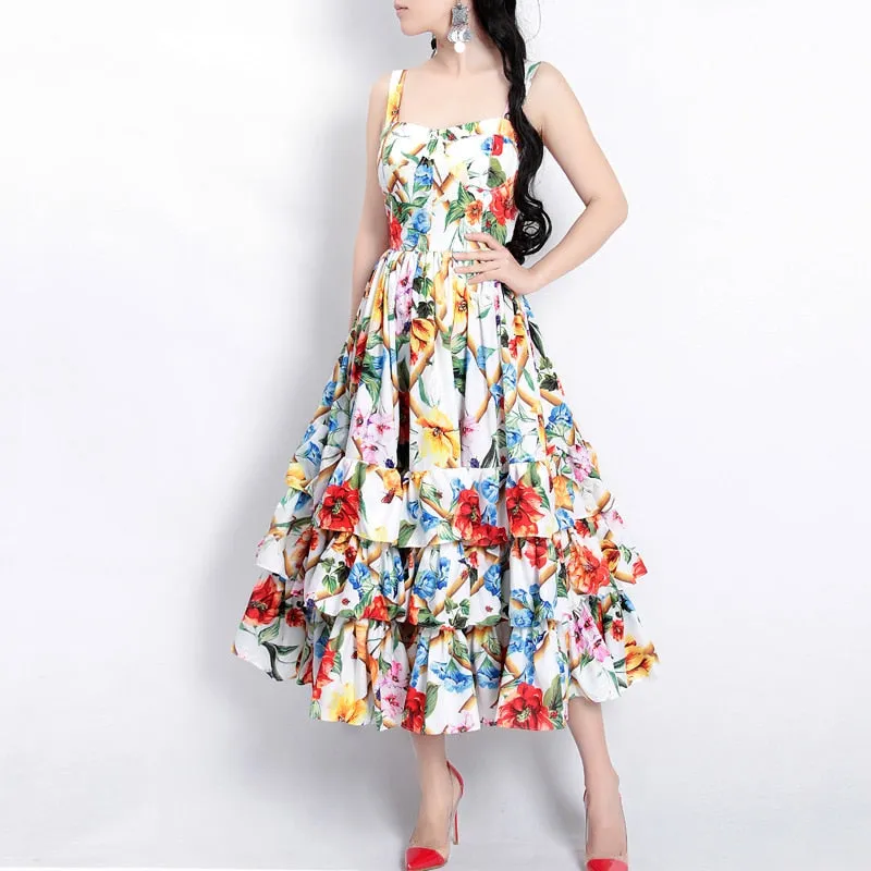 MoaaYina Runway Fashion Designer Spring Spaghetti Strap Backless Floral Print Beach Dress