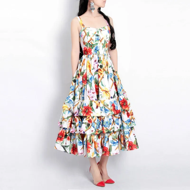 MoaaYina Runway Fashion Designer Spring Spaghetti Strap Backless Floral Print Beach Dress