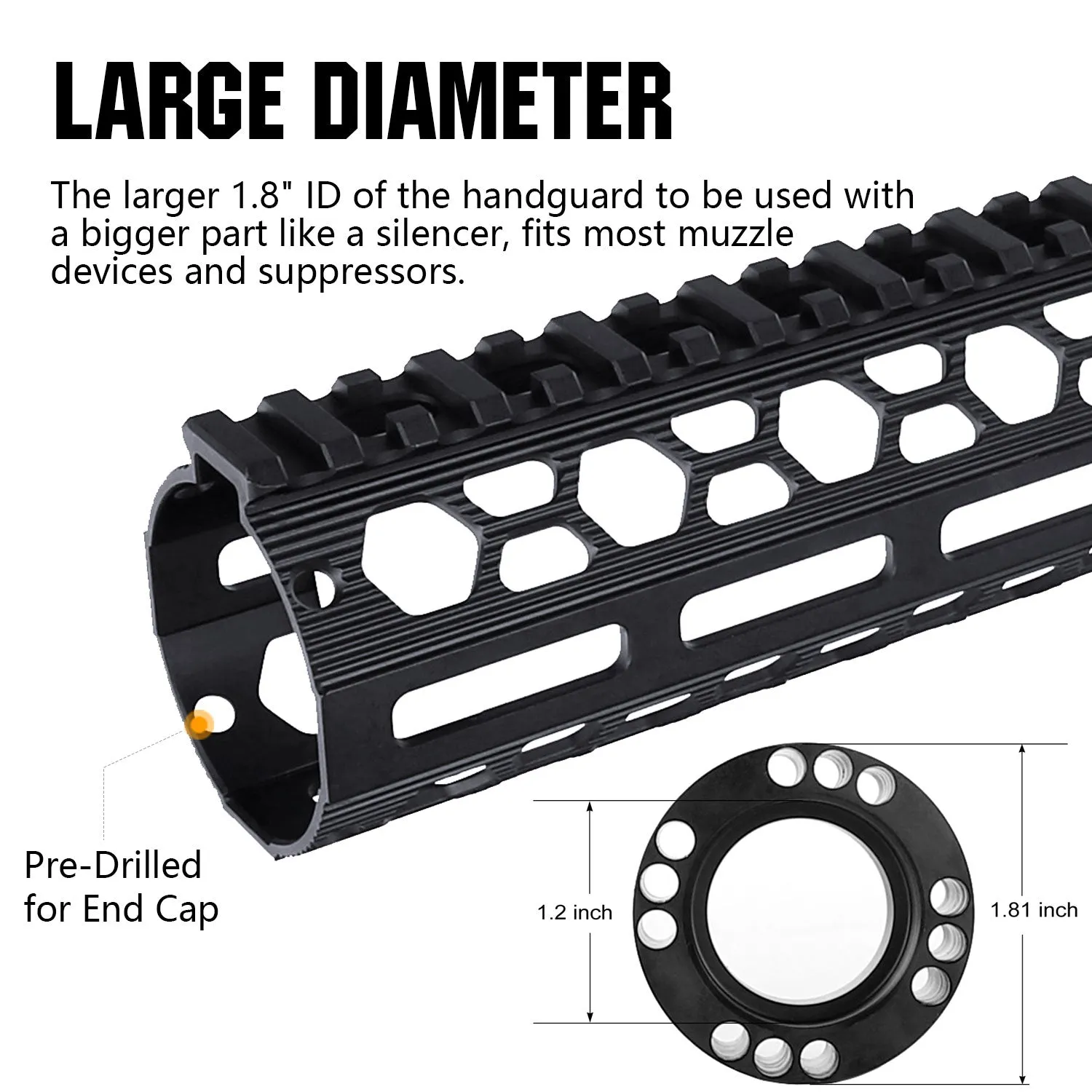 ohhunt® AR-15 Large ID 1.8" Round Free Float Handguard Lightweight 7" 9" 10" 11" 12" 13.5" 15" 17"