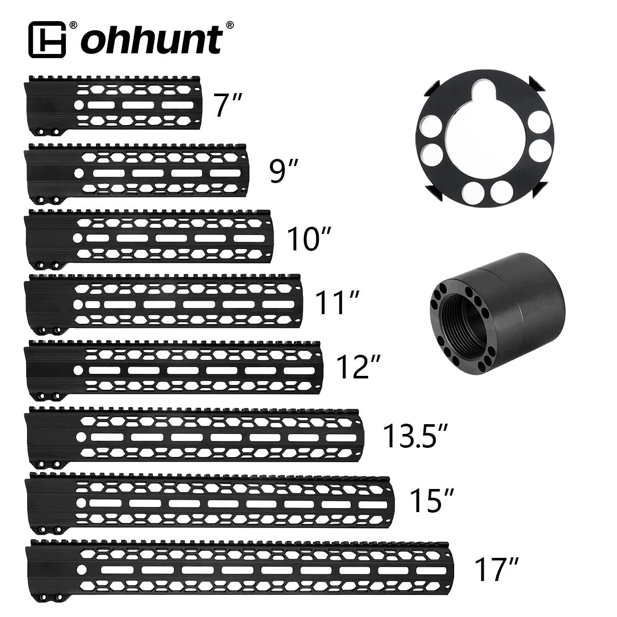ohhunt® AR-15 Large ID 1.8" Round Free Float Handguard Lightweight 7" 9" 10" 11" 12" 13.5" 15" 17"