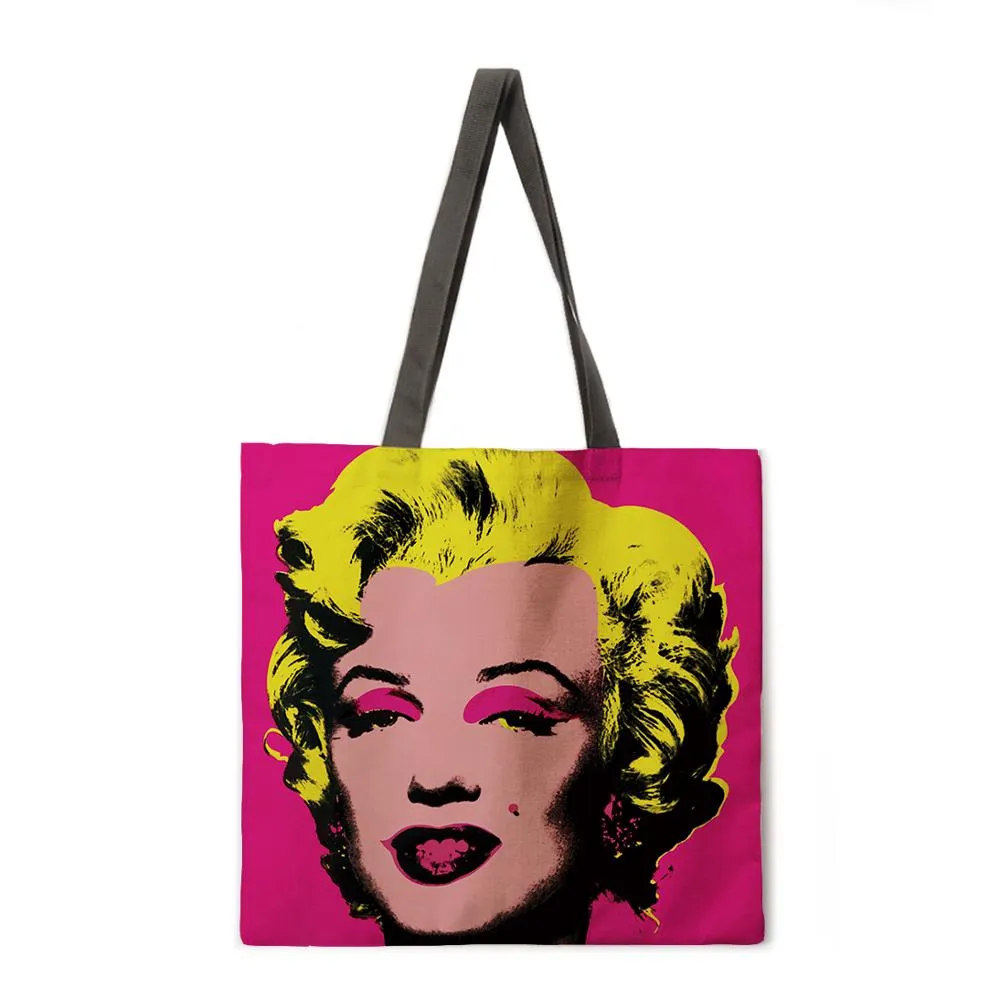 Oil painting Monroe linen shopping bag ladies shoulder bag foldable shopping bag beach tote bag