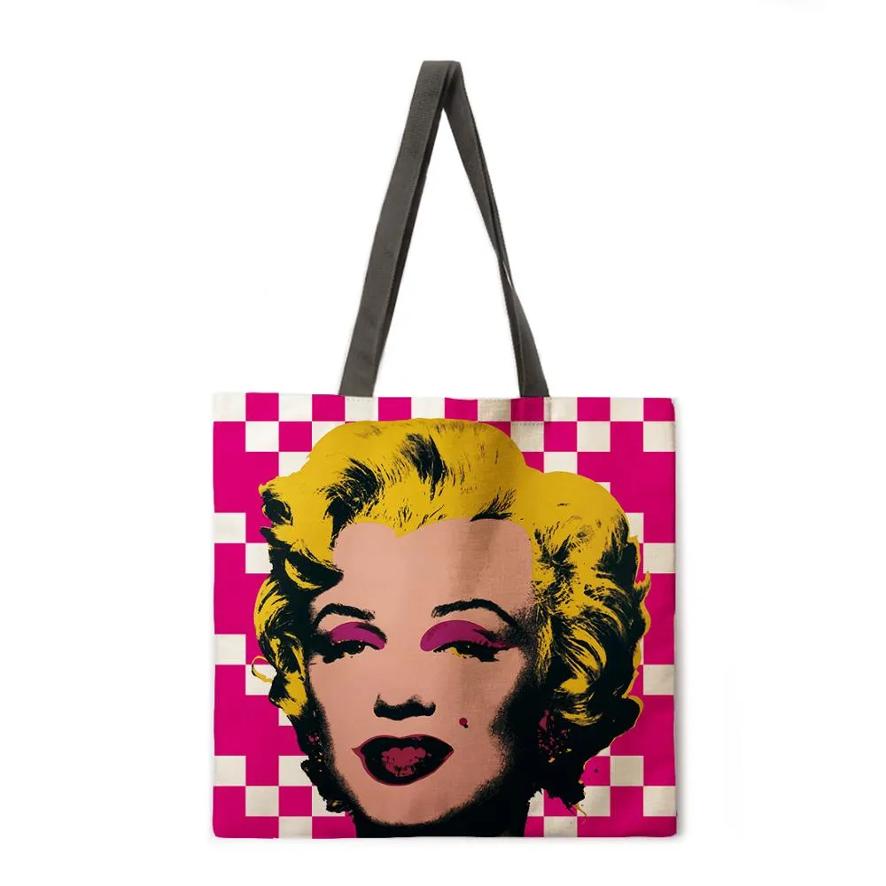Oil painting Monroe linen shopping bag ladies shoulder bag foldable shopping bag beach tote bag